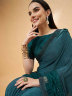 Green Lycra Flock Work, Seuqins Embroidery, Handwork Shoulder Butta Saree - Norita Hit Design | Grocsy