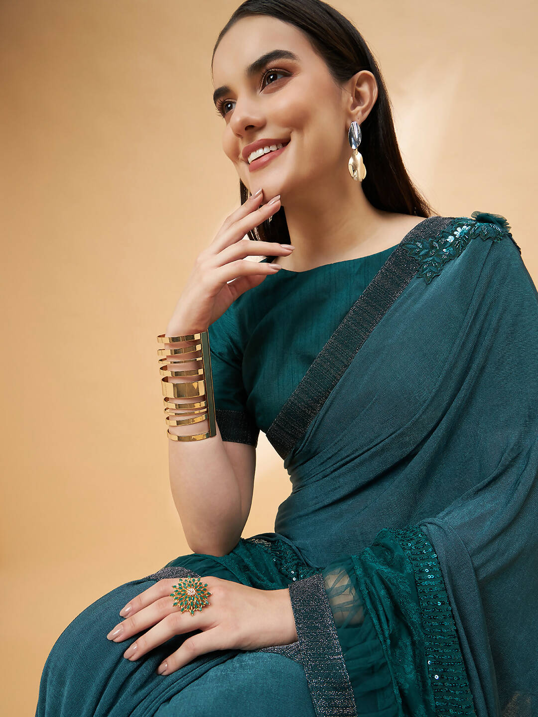 Green Lycra Flock Work, Seuqins Embroidery, Handwork Shoulder Butta Saree - Norita Hit Design | Grocsy