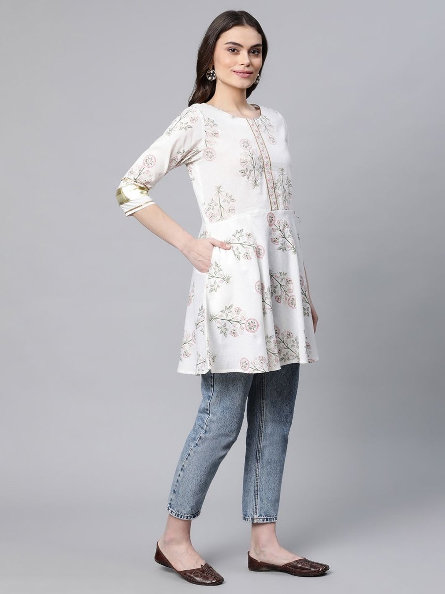 Ahalyaa Women Off White Pure Cotton Floral Printed Tunic | Grocsy