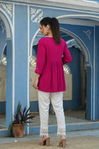 Juniper Women's Fuchsia Rayon Crepe Embroidered Straight Tunic | Grocsy