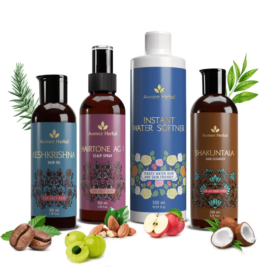 Avimee Herbal Anti Grey Hair Kit With Shakuntala Hair Cleanser & Instant Water Softener, Fights Grey Hair, With Amla, Curry Leaf and Henna Oil | Grocsy