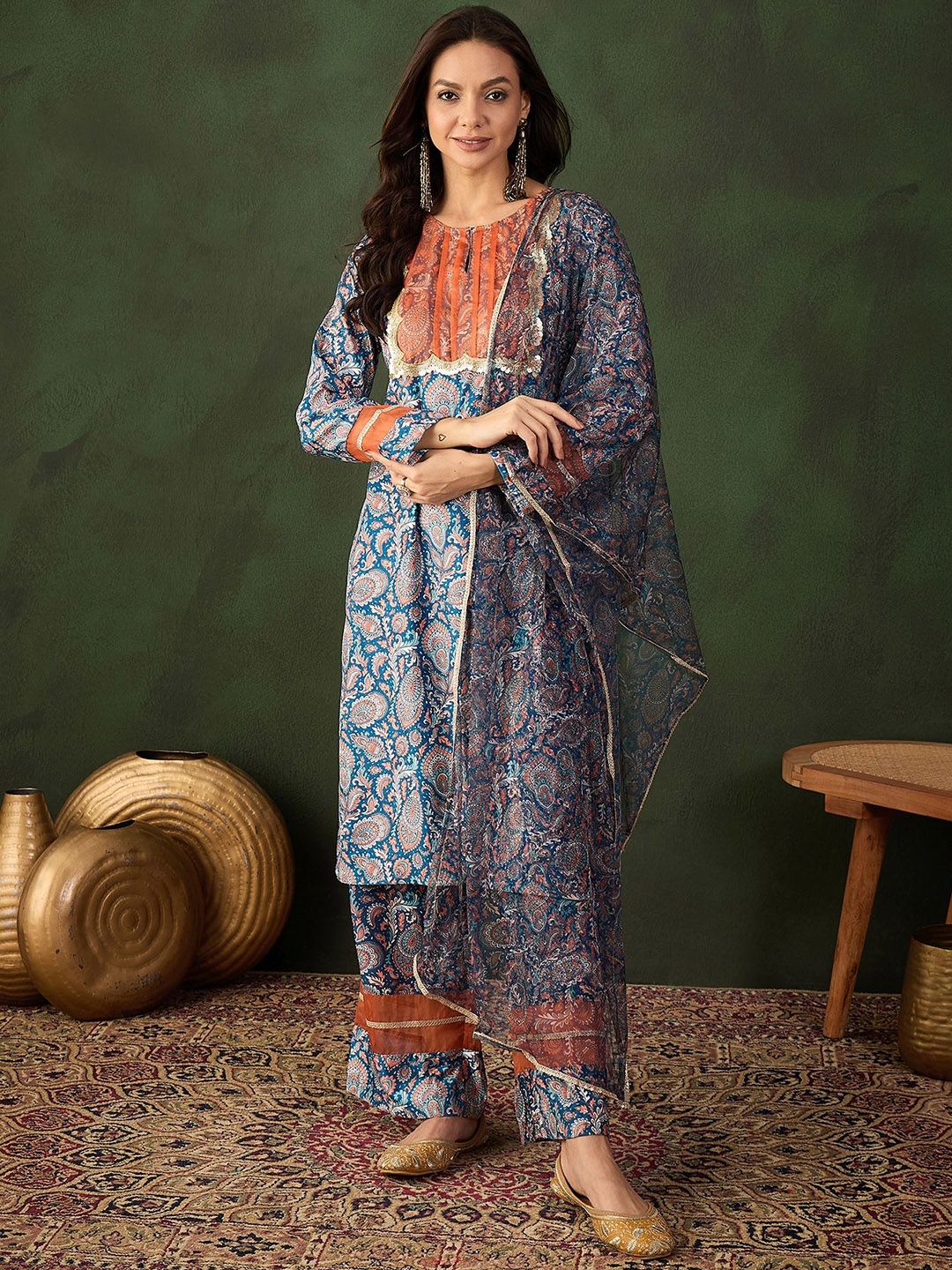 Sangria Printed Kurta & Palazzo With Dupatta | Grocsy