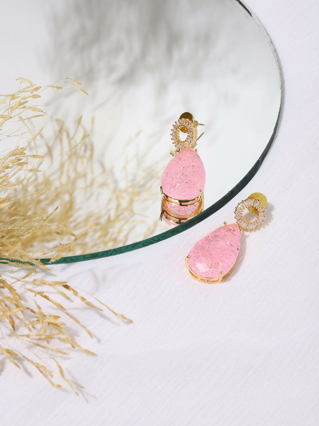 Pink Druzy Quartz & Diamonds Earrings- Ruby Raang | Grocsy