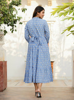 Kaajh Women's Blue Floral Handblock Print Cotton Dress | Grocsy