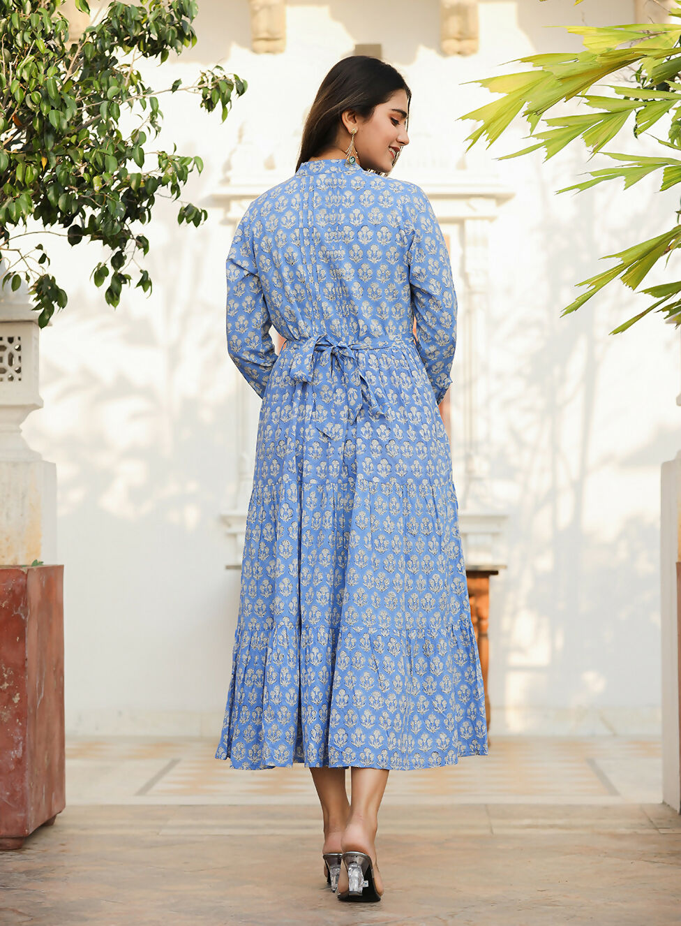 Kaajh Women's Blue Floral Handblock Print Cotton Dress | Grocsy