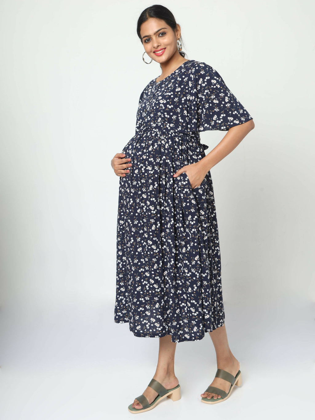 Manet Frill Slevees Maternity Dress Floral Print With Concealed Zipper Nursing Access - Navy | Grocsy