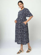 Manet Frill Slevees Maternity Dress Floral Print With Concealed Zipper Nursing Access - Navy | Grocsy