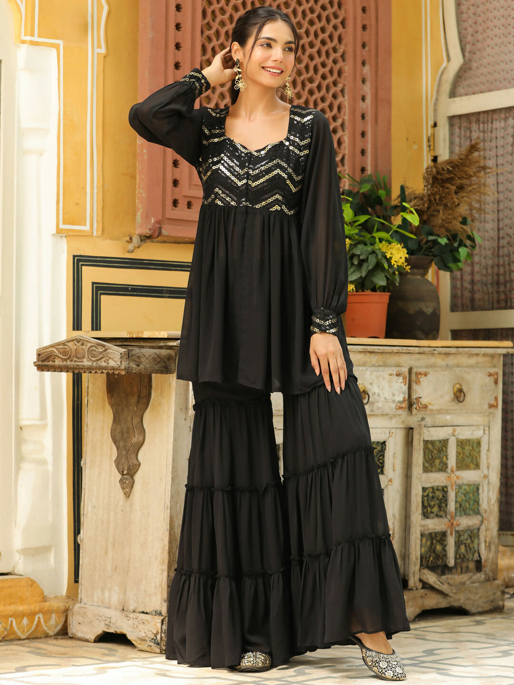 Janasya Black Georgette Sequined Tunic & Bottom | Grocsy