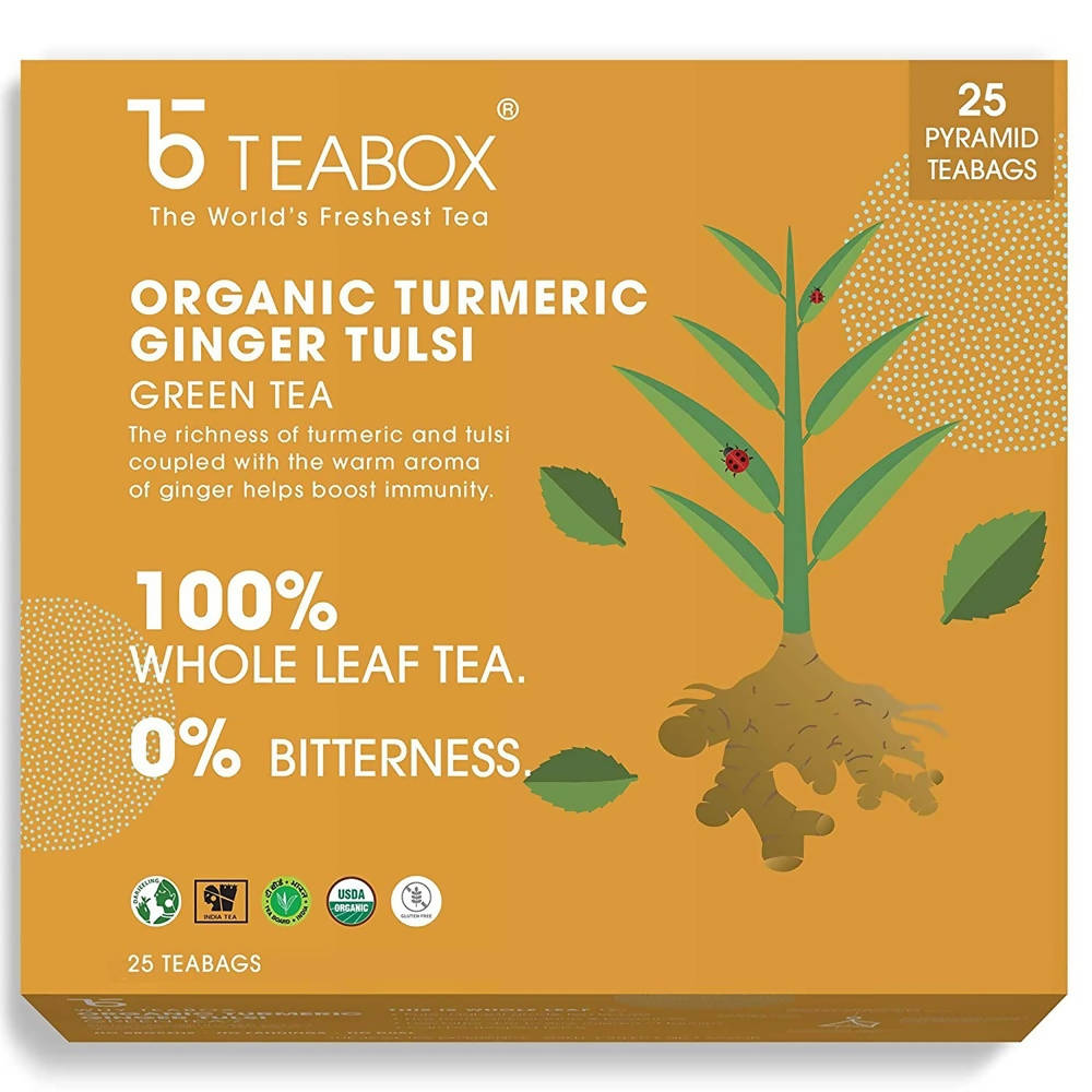 Teabox Organic Turmeric Ginger Tulsi Green Tea Bags | Grocsy