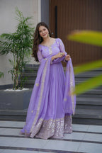 Teeya Creation Lavender Color Crunchy Silk Wedding Wear Embroidery Work Long Gown | Grocsy