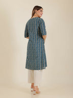 Aramya Blue Soft Cotton Chevron Print A-line Kurta Set for Women | Grocsy