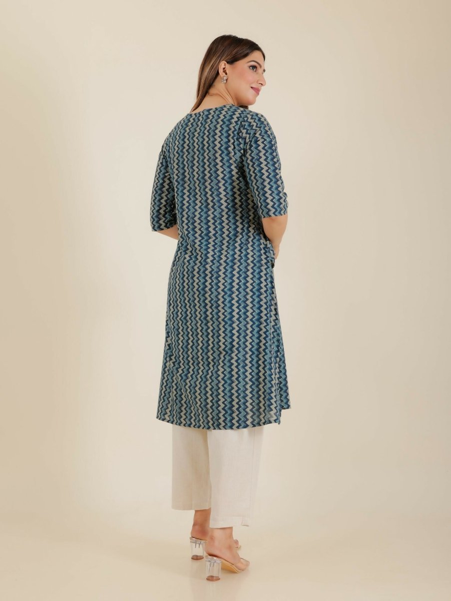 Aramya Blue Soft Cotton Chevron Print A-line Kurta Set for Women | Grocsy