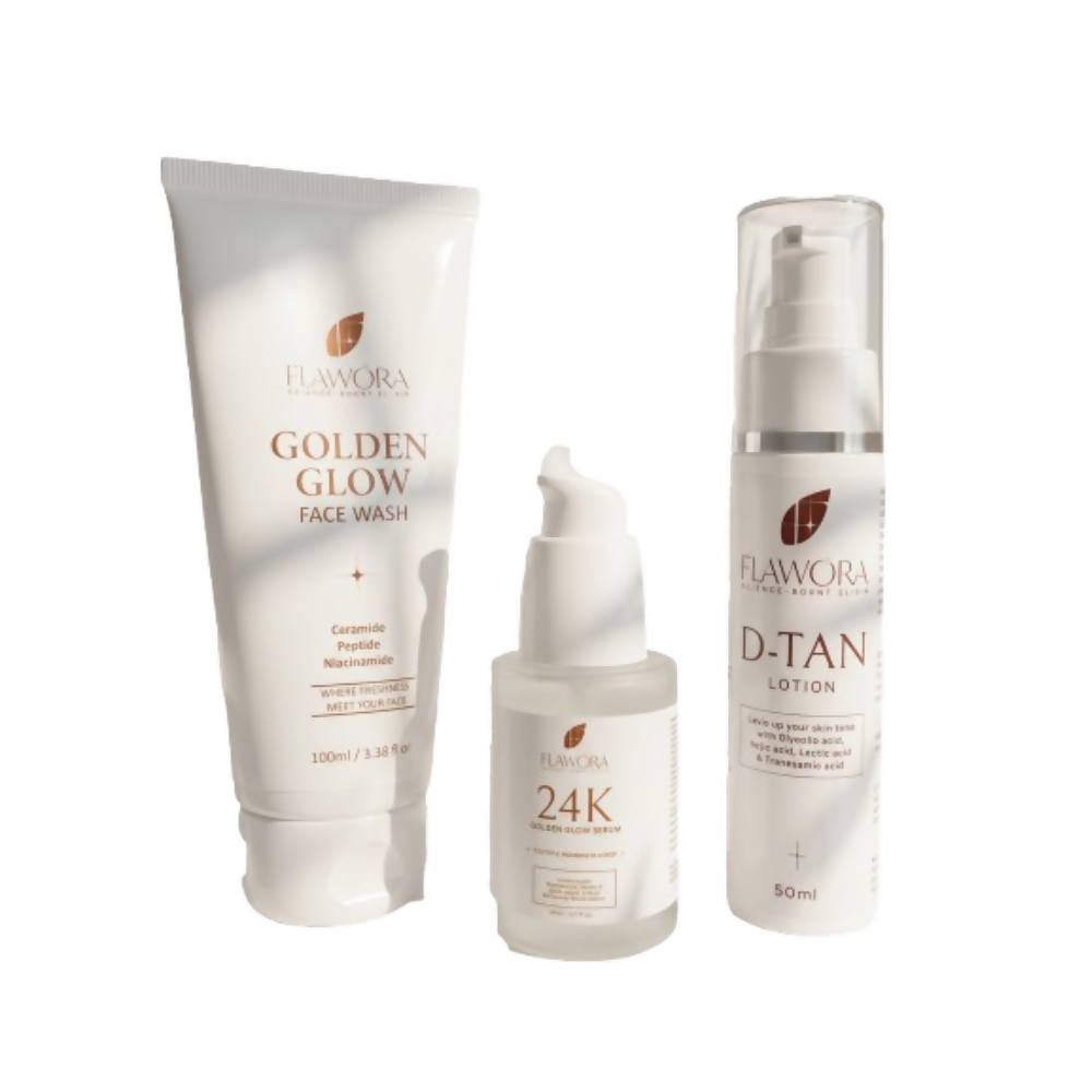 Flawora Set of Golden Glow Face Wash, D-Tan Lotion and 24k Golden Glow Face Serum | Grocsy