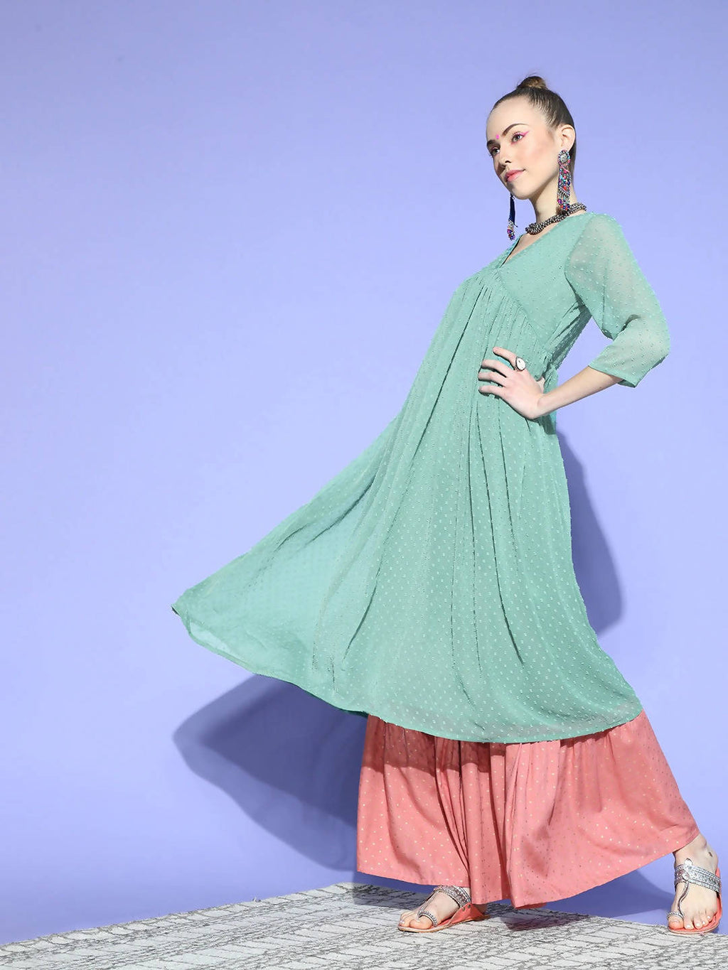 Janasya Women Green Woven Design Dobby Weave Kurta | Grocsy