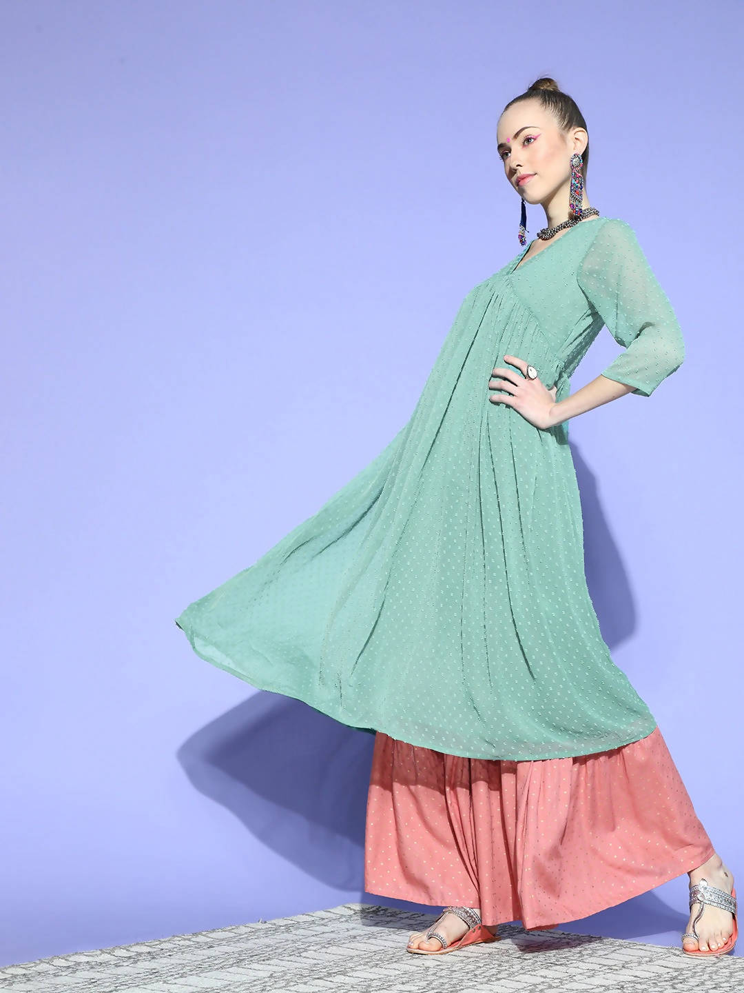 Janasya Women Green Woven Design Dobby Weave Kurta | Grocsy