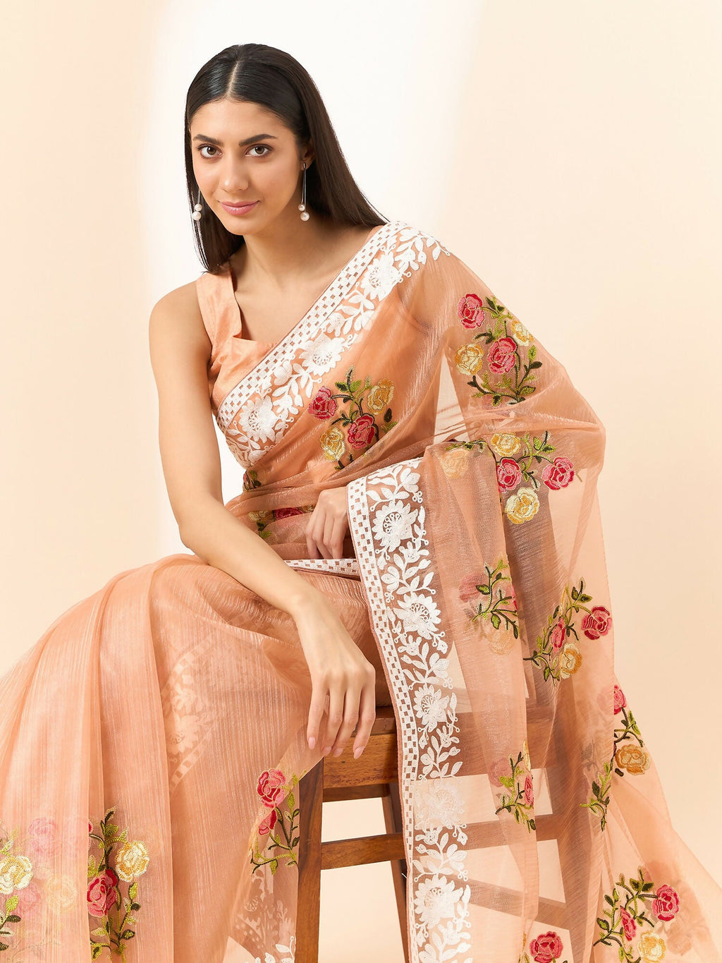 Peach Organza Floral Embroidered Saree with Unstitched Blouse Piece - Roozal | Grocsy