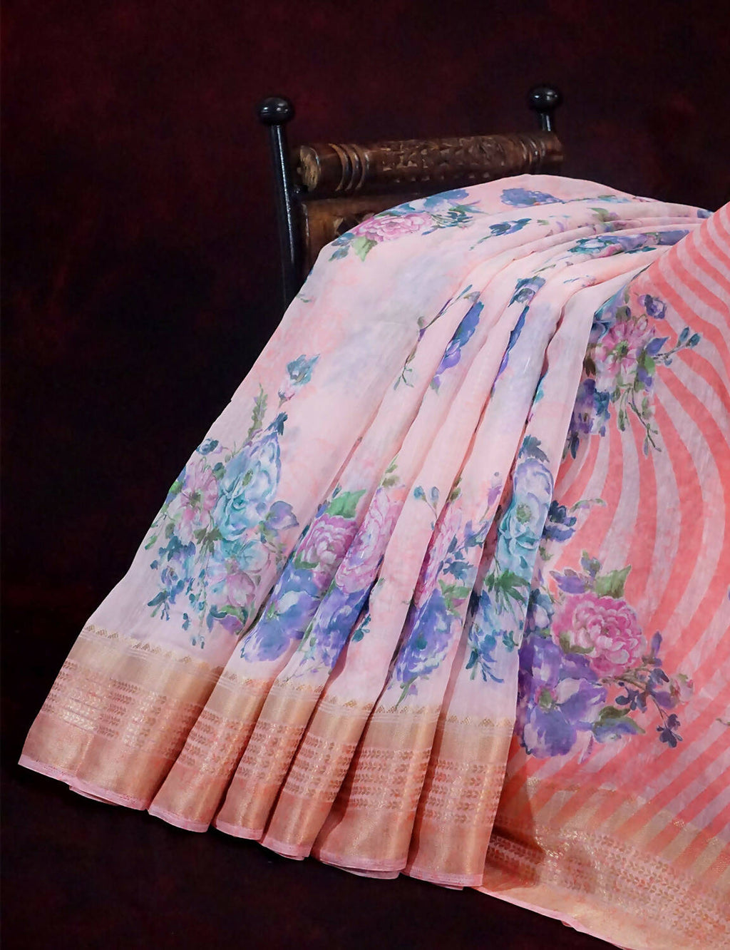 Combination Shades Of Peach Pink With Floral Design Semi Chanderi Saree By Gayathri Reddy Designer Studio | Grocsy