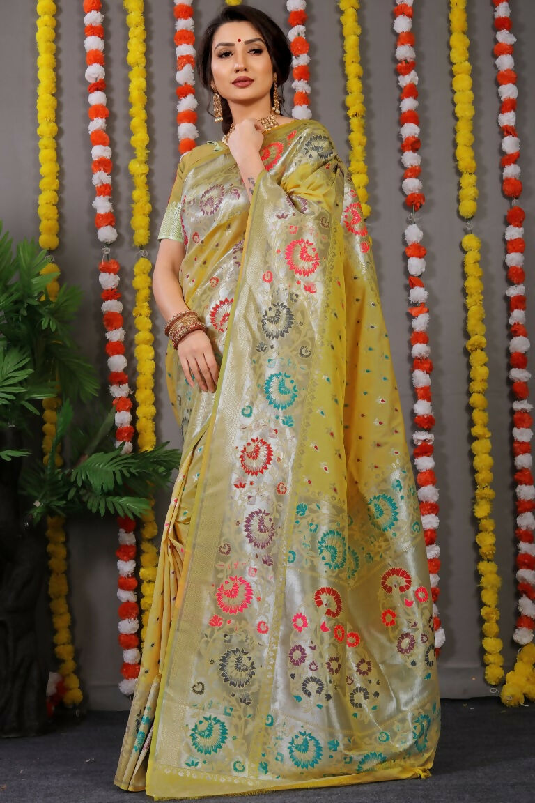 Jyoti Fashion Women's Mehndi Banarasi Silk Zari Woven Saree with Blouse | Grocsy