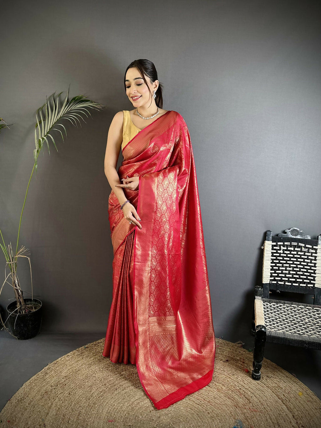 Joban Fashion Red Paisley & Floral Soft Satin Silk Banarasi Silk Saree | Grocsy
