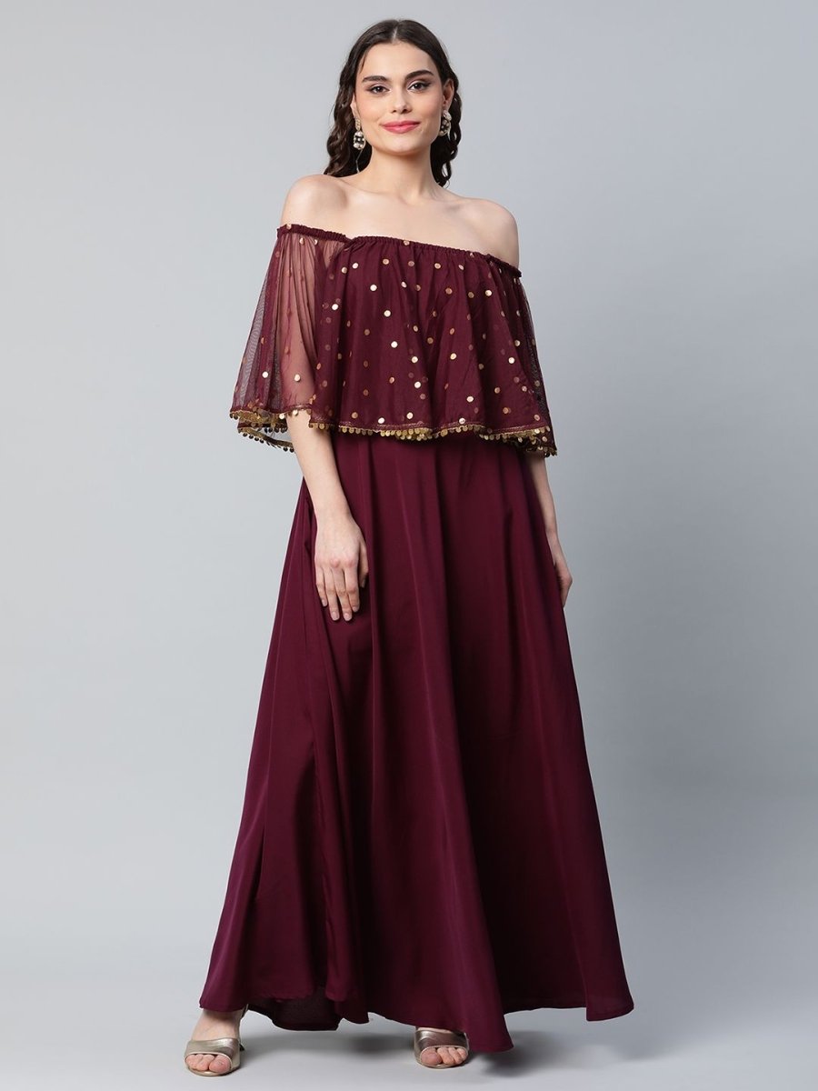 Ahalyaa Women Wine Colour Crepe & Net Gold Printed Dress | Grocsy