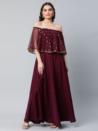 Ahalyaa Women Wine Colour Crepe & Net Gold Printed Dress | Grocsy