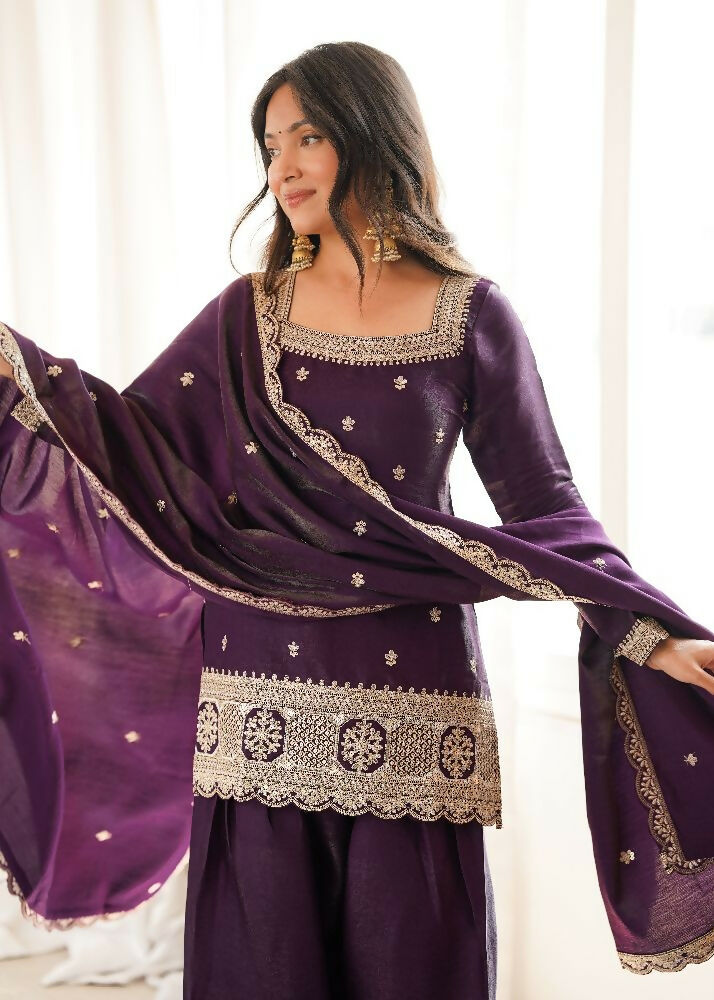 Teeya Creation Deep Wine Embroidered Festive Salwar Suit Set | Grocsy