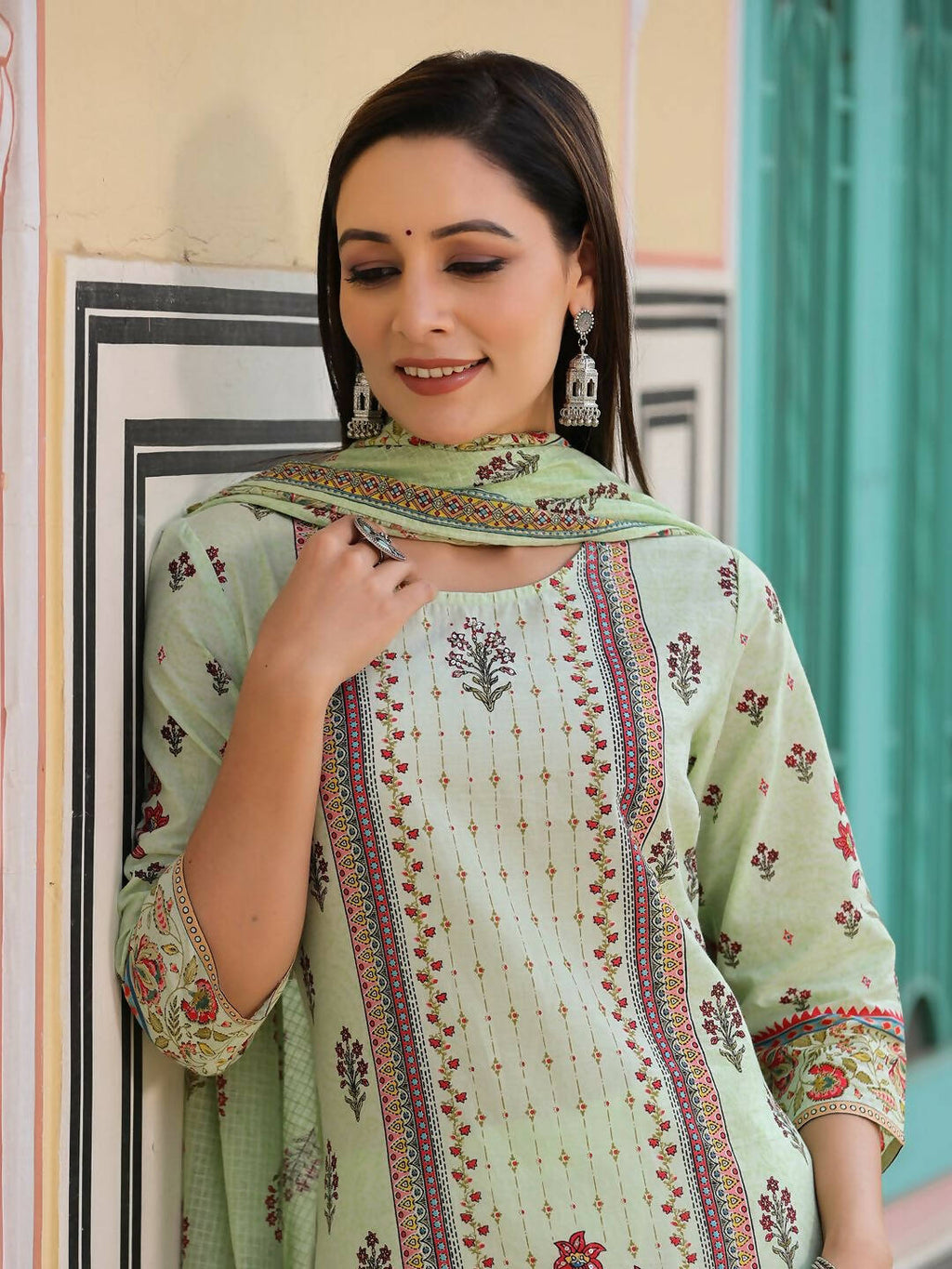 Juniper Women's Lime Green Cambric Floral Placement Printed Straight Fit Kurta Sets | Grocsy
