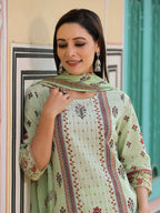 Juniper Women's Lime Green Cambric Floral Placement Printed Straight Fit Kurta Sets | Grocsy