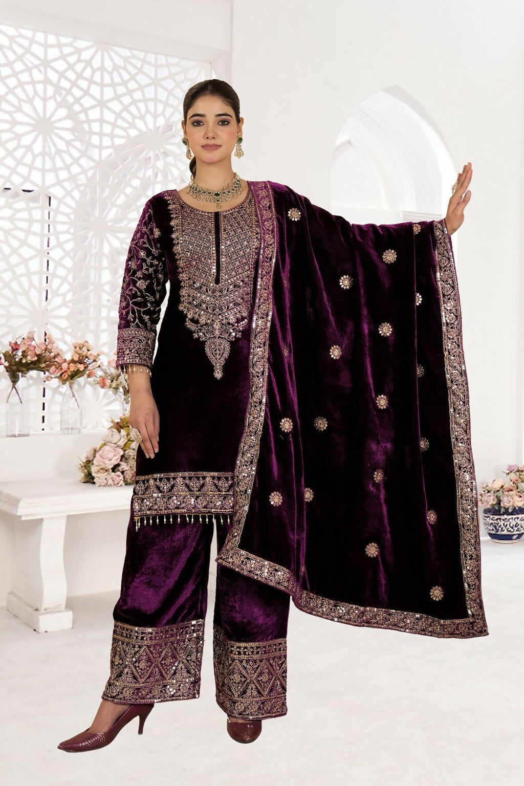 Joban Fashion Wine Velvet Sequence Embroidery Work Kurta Set | Grocsy