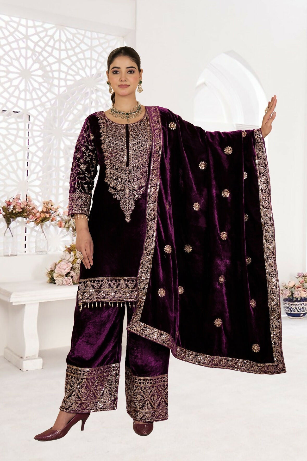 Joban Fashion Wine Velvet Sequence Embroidery Work Kurta Set | Grocsy