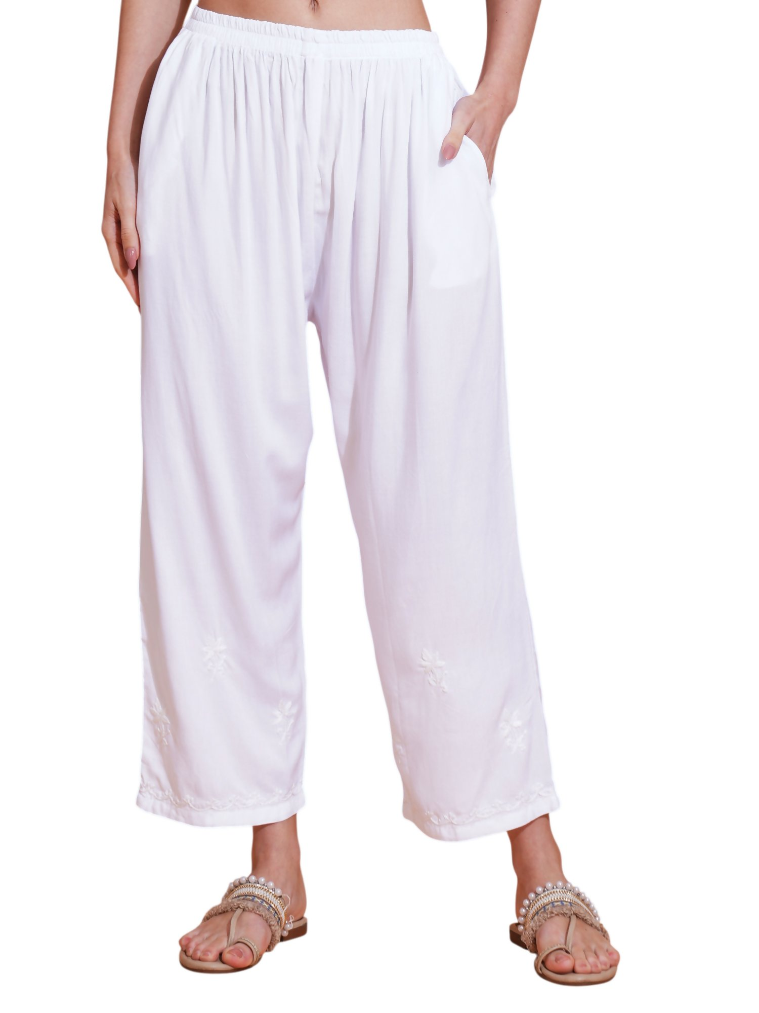 Pahnaz Luxury Rayon Chikankari Handwork Palazzo-White | Grocsy