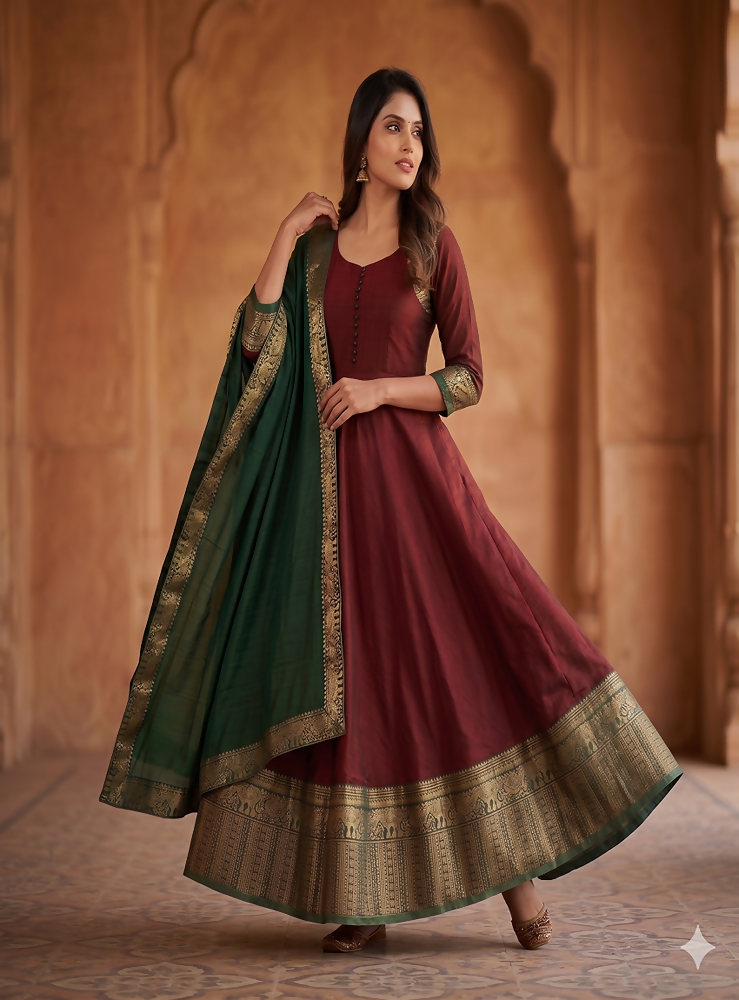 Teeya Creation Royal Maroon Anarkali Gown with Zari Border Dupatta for Women | Grocsy