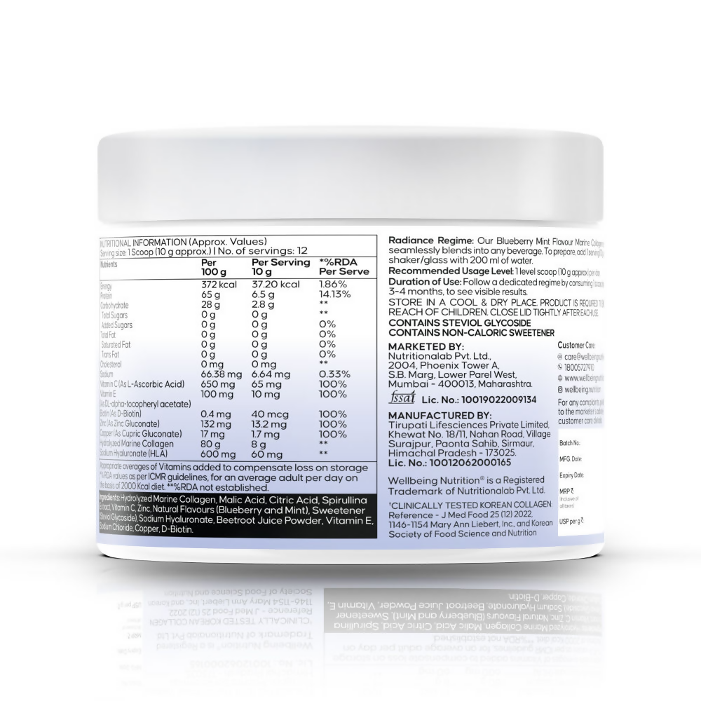 Wellbeing Nutrition Marine Collagen HLA & Biotin Fine Lines & Wrinkles Blueberry Mint Flavour | Grocsy