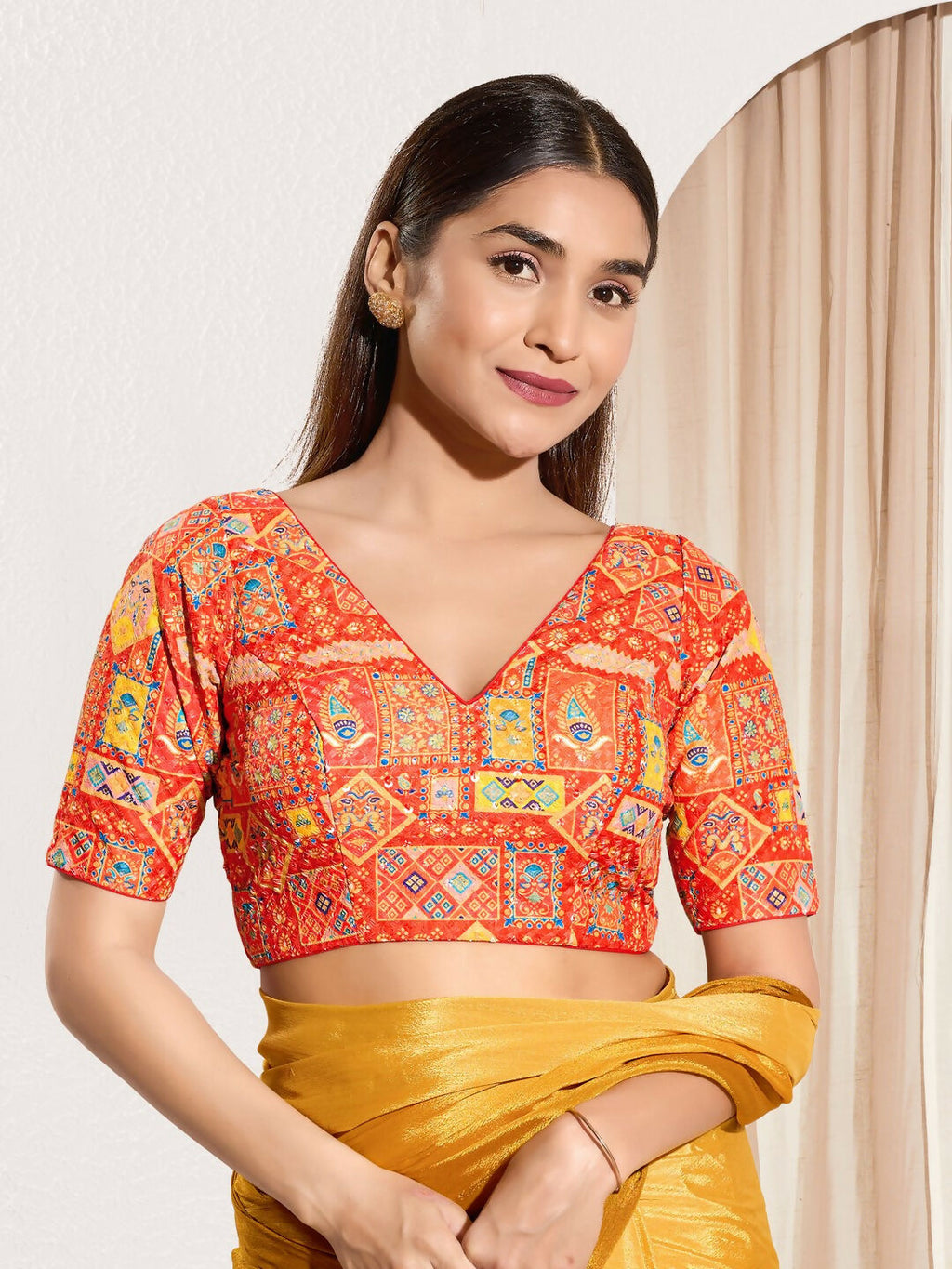 Joban Fashion Orange Viscose Rayon Padded Blouse With V Neck Elbow Sleeves | Grocsy
