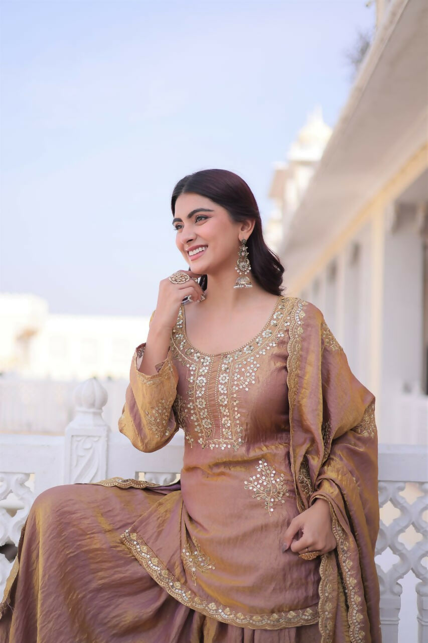 Teeya Creation Womens New Stylish Fendi Crush With Zari Sequins Embroidered Work Kurta Set | Grocsy