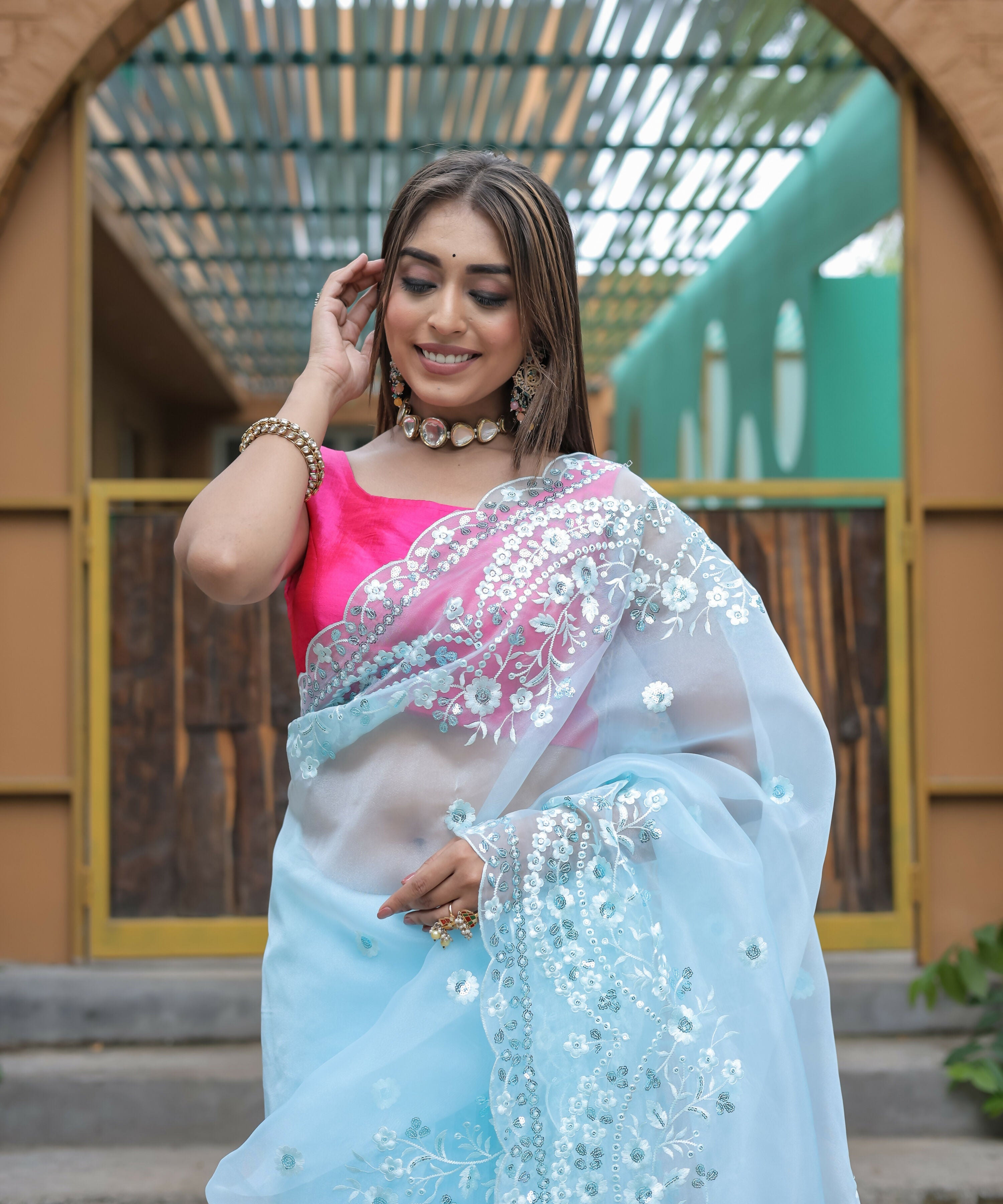 Vamsee Kiki Sky Organza Saree | Grocsy