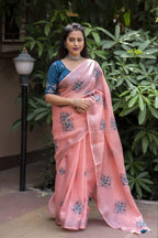 Brick Pure Linen Ethnic Motifs Saree with Unstitched Blouse - Hiral Fashion | Grocsy