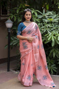 Brick Pure Linen Ethnic Motifs Saree with Unstitched Blouse - A2M | Grocsy