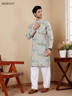 Pistel Green Linen Designer Embroidery Work Men's Rajwadi Kurta Set - Mahotsav | Grocsy