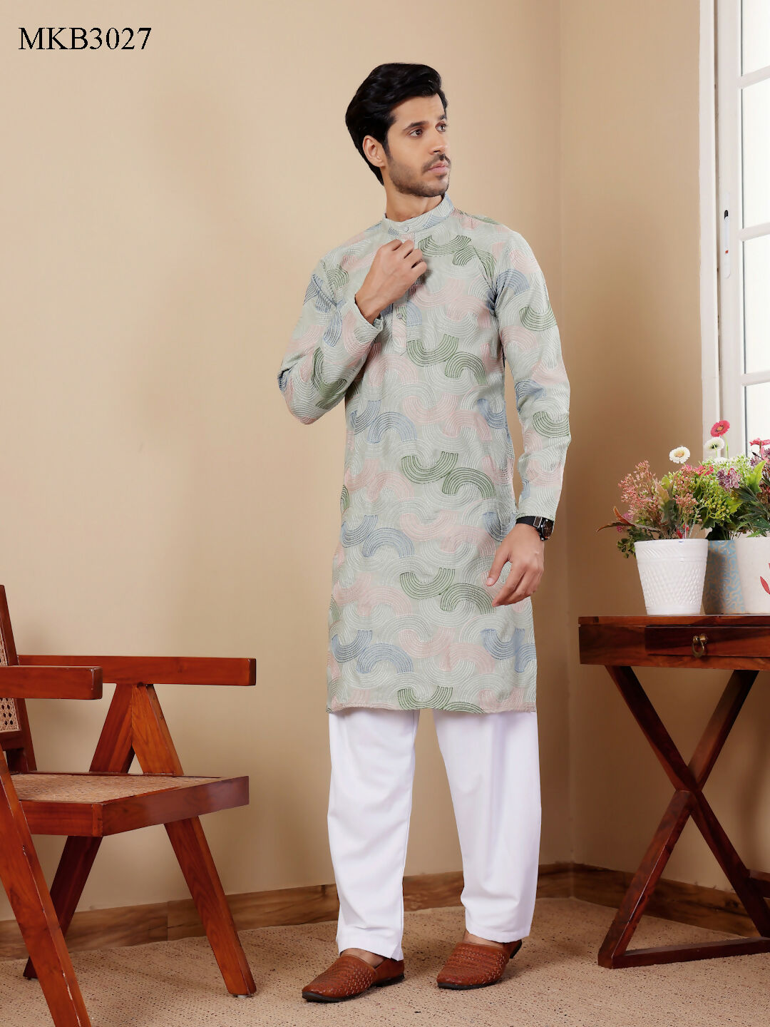 Pistel Green Linen Designer Embroidery Work Men's Rajwadi Kurta Set - Mahotsav | Grocsy