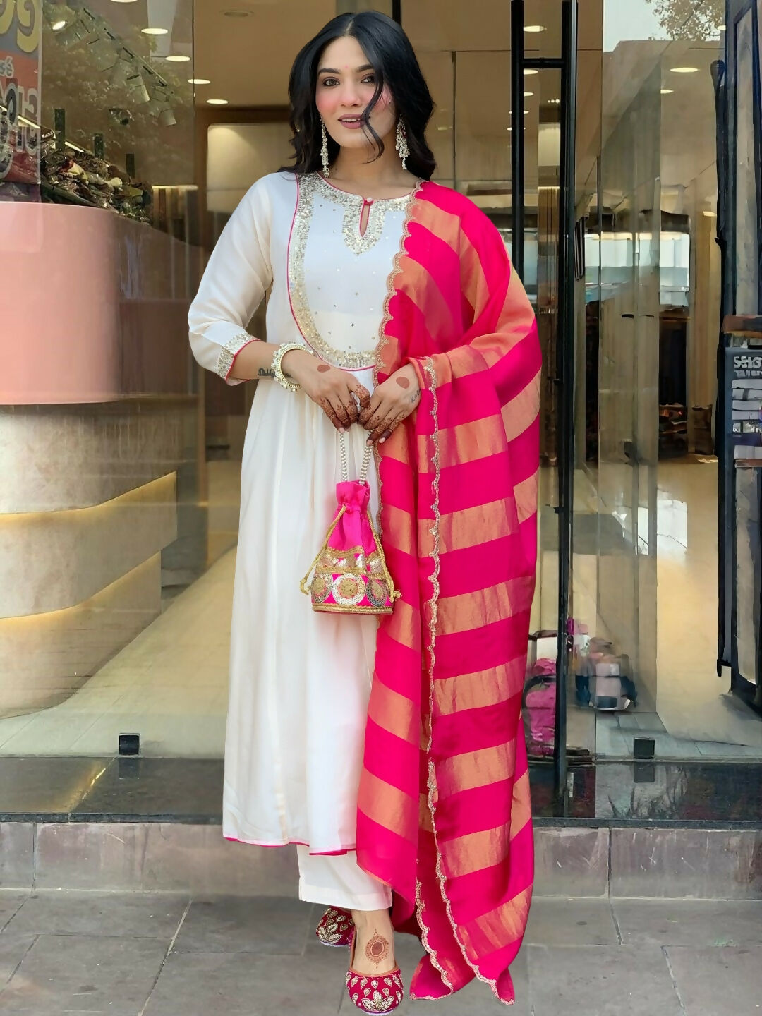 The52 White Women's Gorgeous Embroidered Work Chanderi Fabric Flared Kurta Pant and Dupatta Set | Grocsy