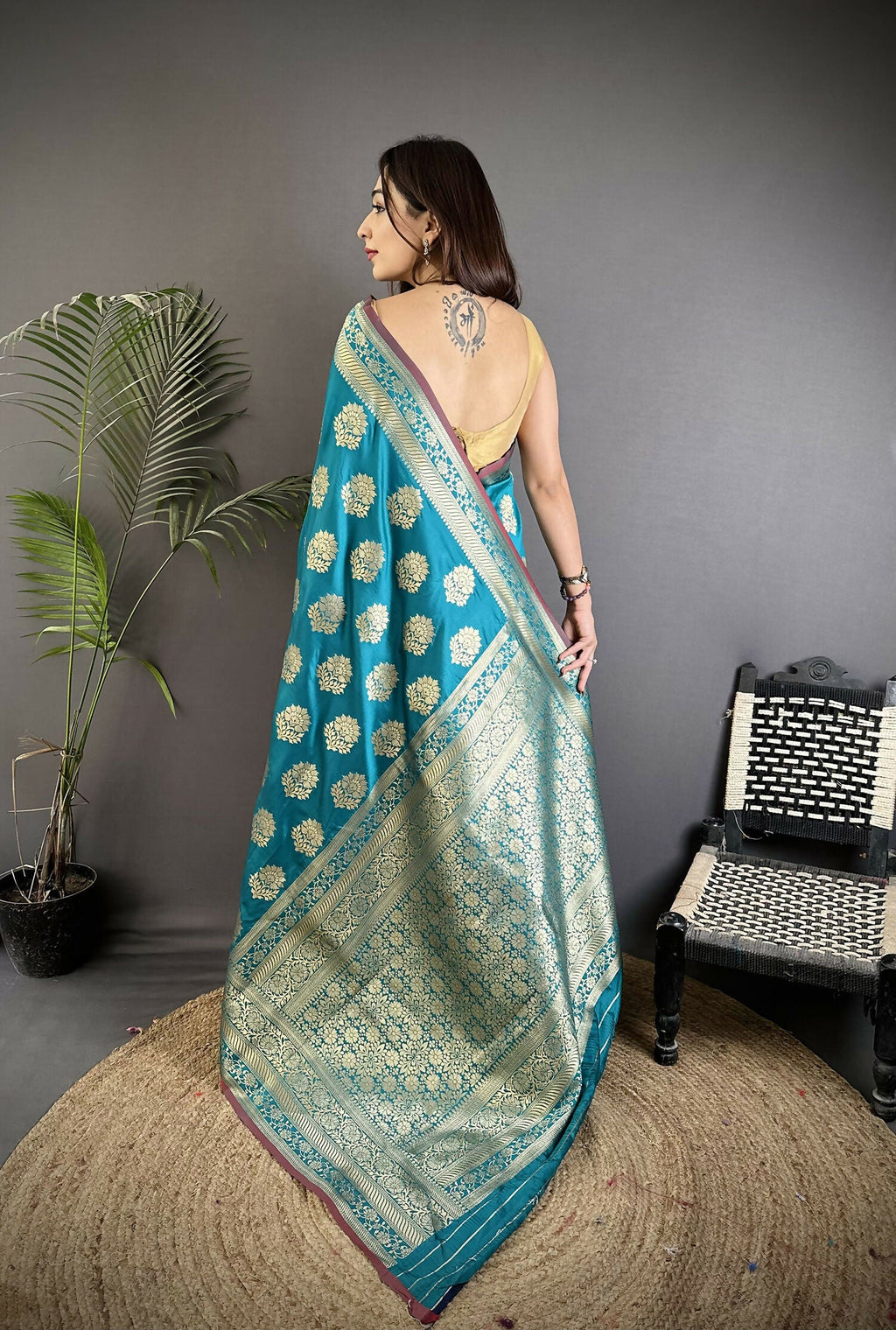 Joban Fashion Teal Ethnic Floral Motifs Soft Lichi Silk Banarasi Saree | Grocsy