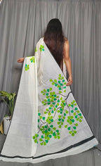 Exclusive Collection Beautiful White Light Green Pure Cotton Hand Print Handloom Saree With Running Blouse Piece | Grocsy