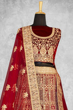 Red Velvet Thread with Hand Work Semi Stitched Lehenga Choli with Dupatta - Nimaya Lagnotsav | Grocsy