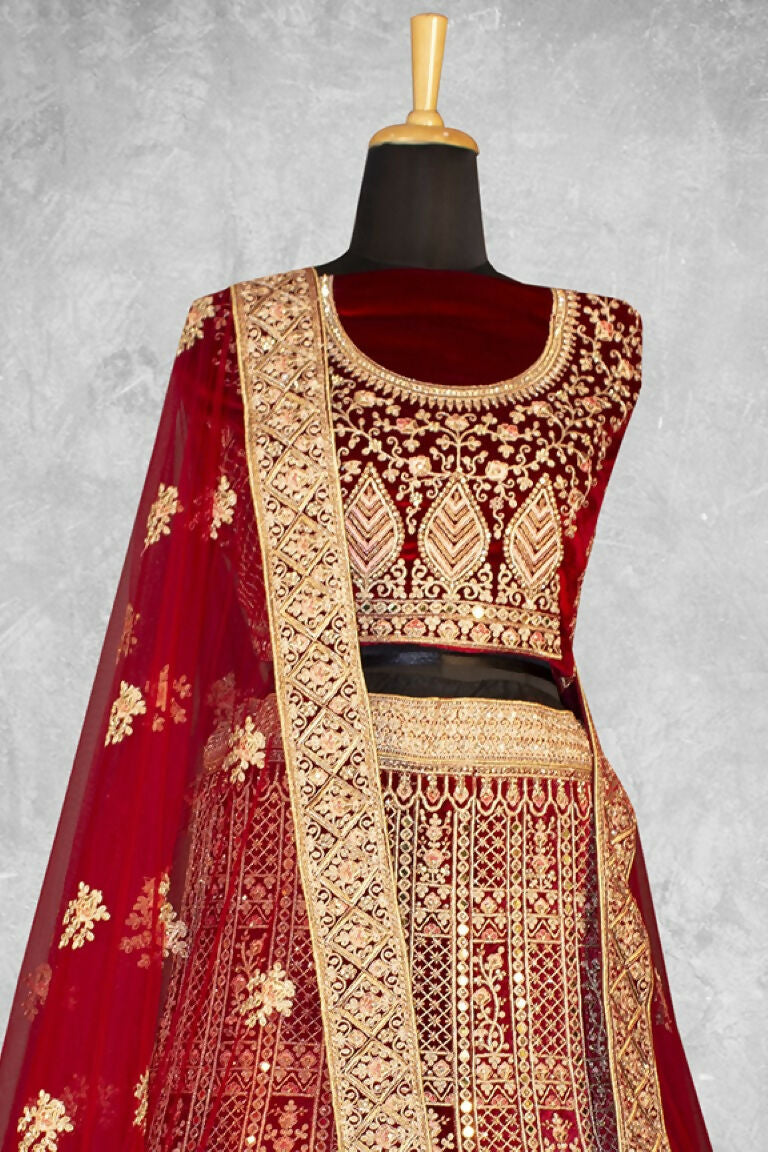 Red Velvet Thread with Hand Work Semi Stitched Lehenga Choli with Dupatta - Nimaya Lagnotsav | Grocsy