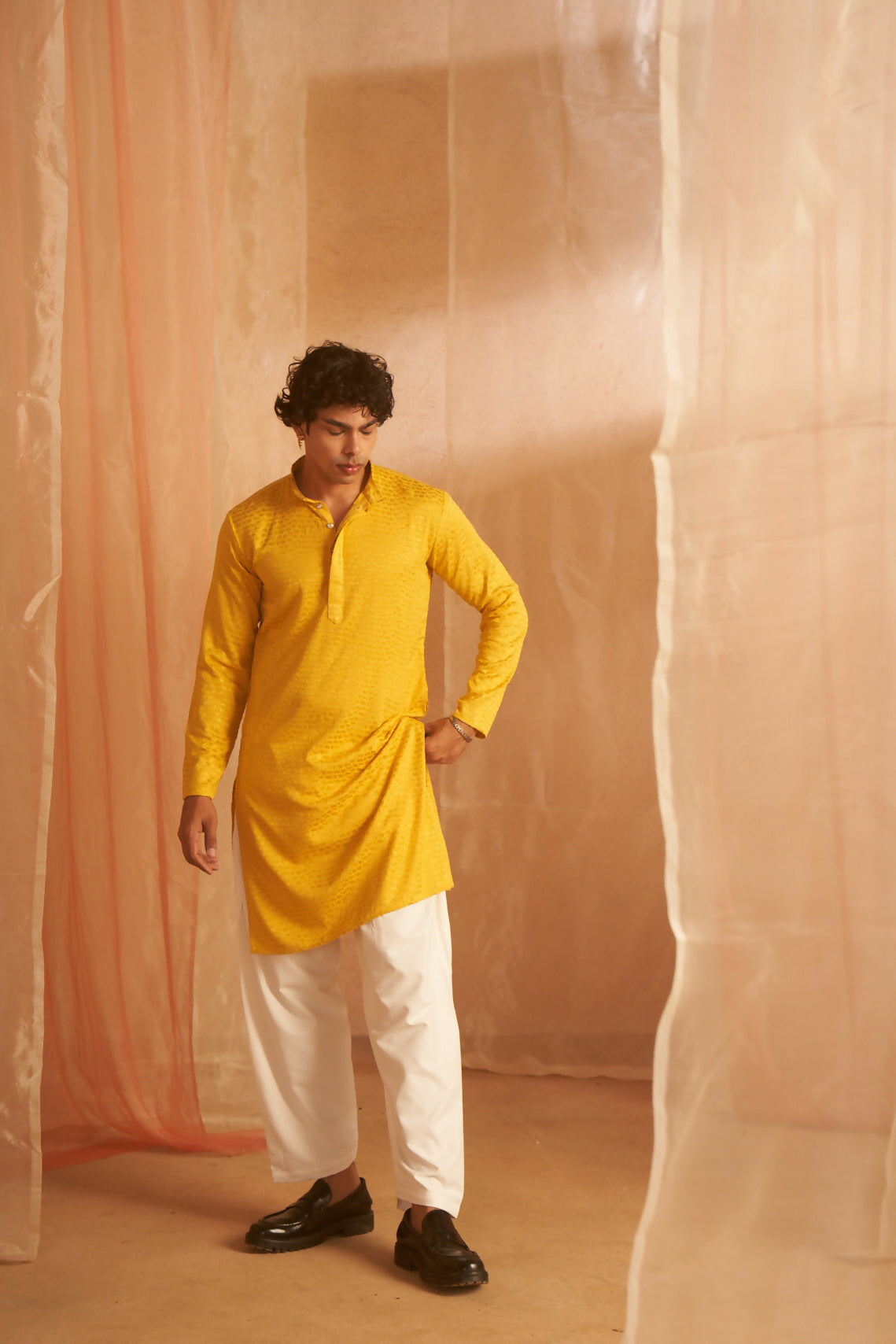 Mustard Viscose Chikankari Embroidery Work Men's Kurta Set - Mahotsav | Grocsy