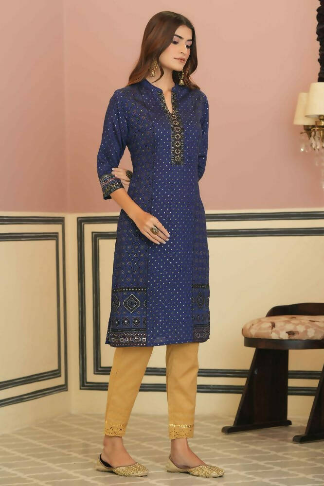 Juniper Indigo Rayon Festive Gold Foil Printed Straight Kurta For Women | Grocsy