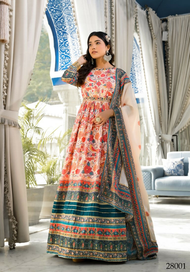 Wedding Designer Multi Soft Dola Silk Anarkali suit with Dupatta - Sanj | Grocsy