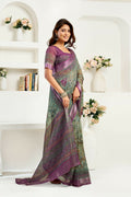 Joban Fashion Multicoloured Ikkat & Floral Linen Ready To Wear Saree With Unstitched Blouse | Grocsy