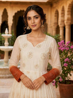Teeya Creation Rust and White Gradient Anarkali Gown with Gold Floral Motifs | Grocsy